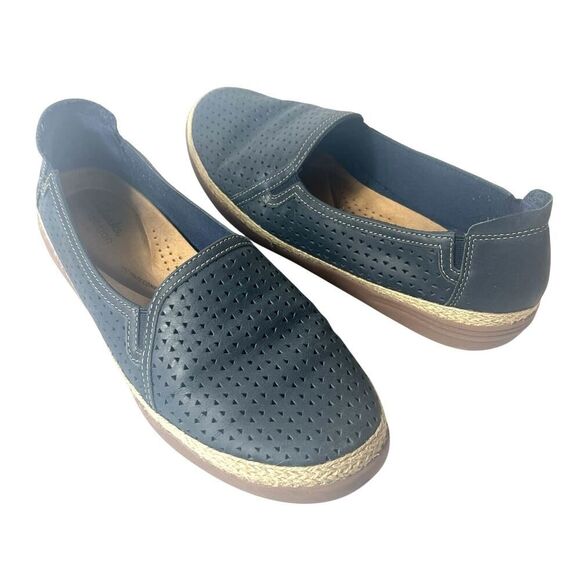 Clarks Collection Womens 10M Comfort Casual Blue Leather Espadrille Slip On Flat - Picture 1 of 11